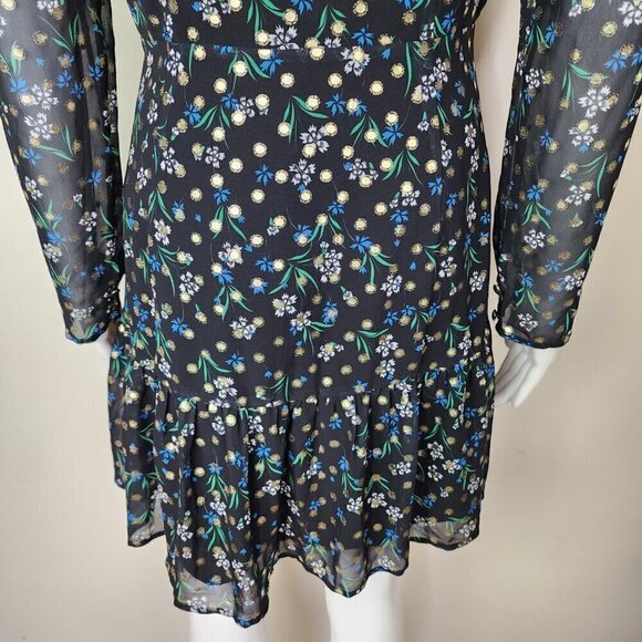NWOT Yumi Kim V Neck Fit and flare Floral Metallic Dot Mini Dress Black Small - Picture 5 of 14